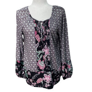 STYLE & CO | sz M Women's Black Multi Floral Long Sleeve Knit Tie Front Blouse